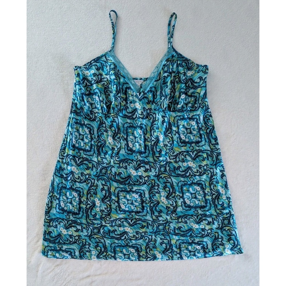 Liz Claiborne Satin Nightgown Slip Blue Teal Paisley Floral Lace Trim 2X Silky